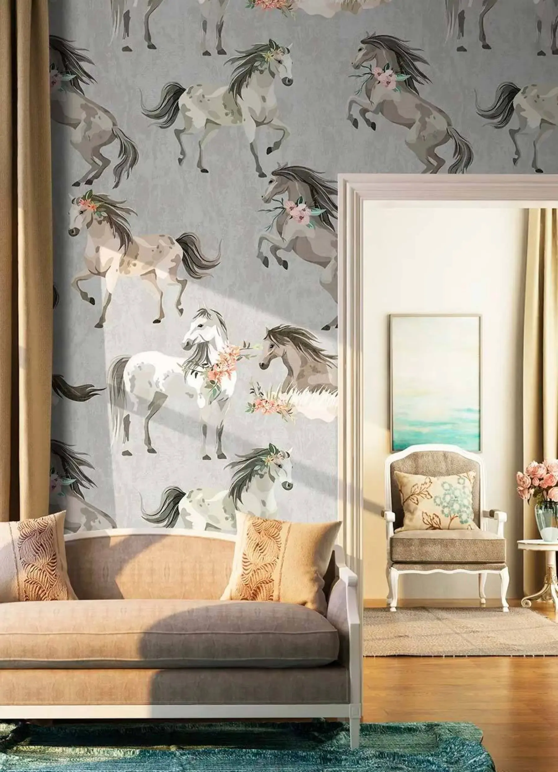 Fototapet Mönster - hästar och blommor u59511