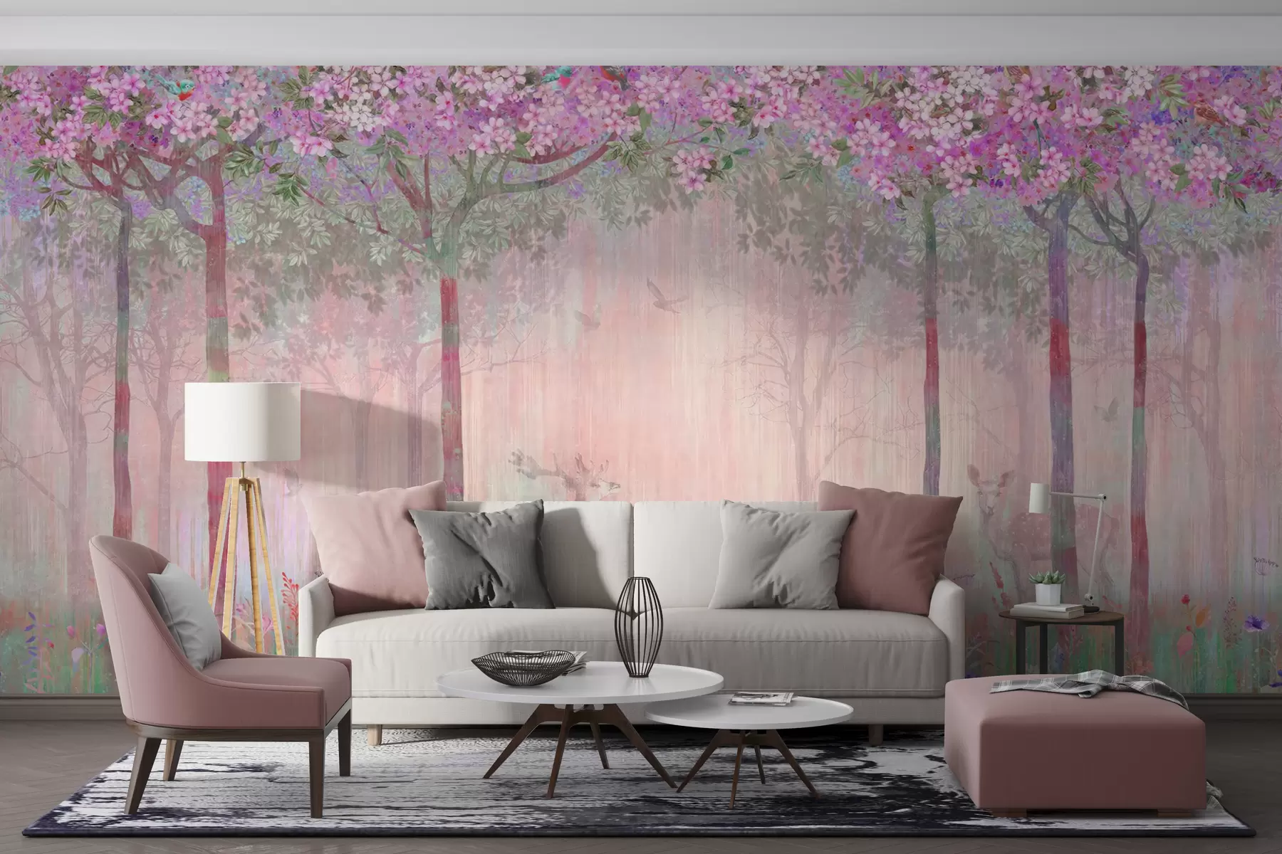 Fototapet Blommande träd med långa stammar, hjortar mellan träden u62100v3