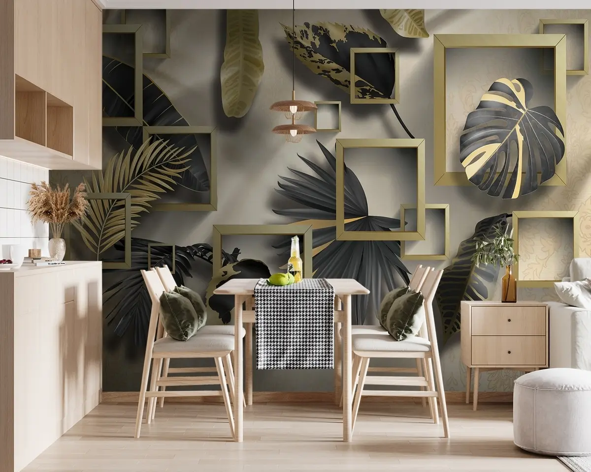 Fototapet Tropiska löv mot bakgrund av bruna rektanglar u75342