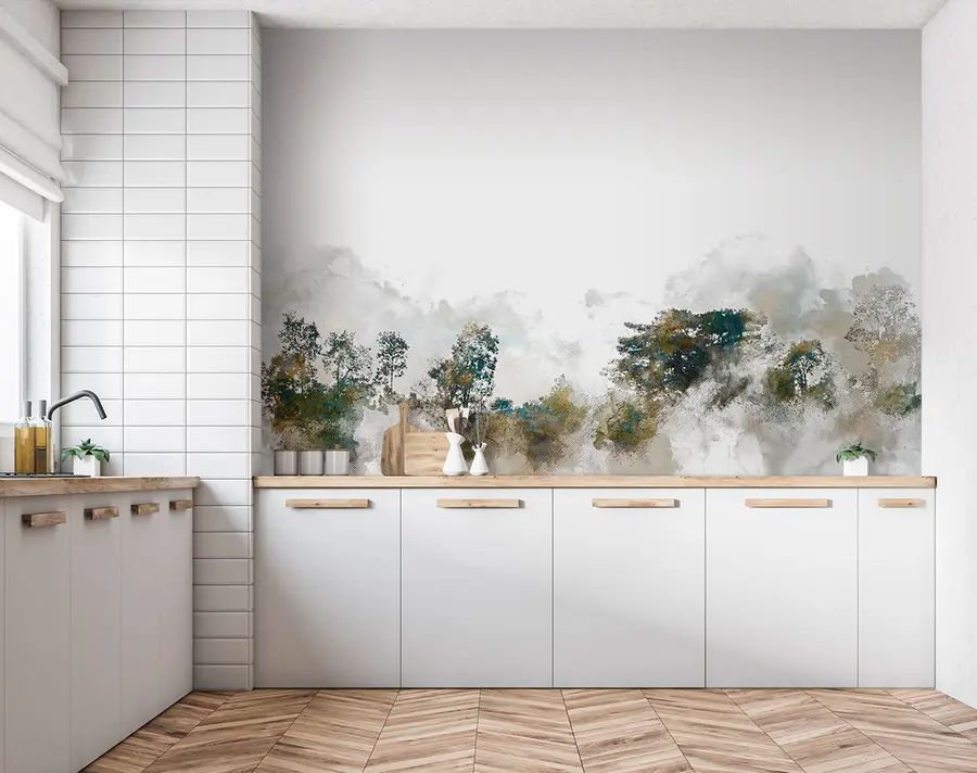 Fototapet Akvarelllandskap med akvarellmålat träd u75377