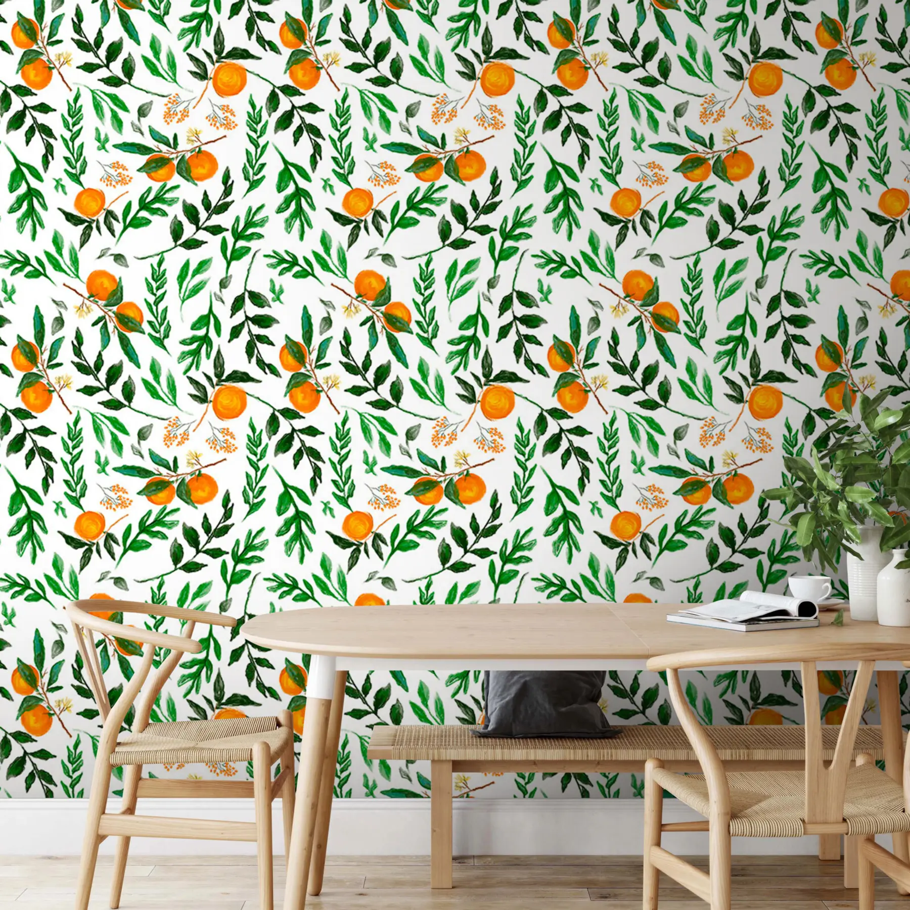 Fototapet Orange mönster, tapetdesign med löv och frukter u94333