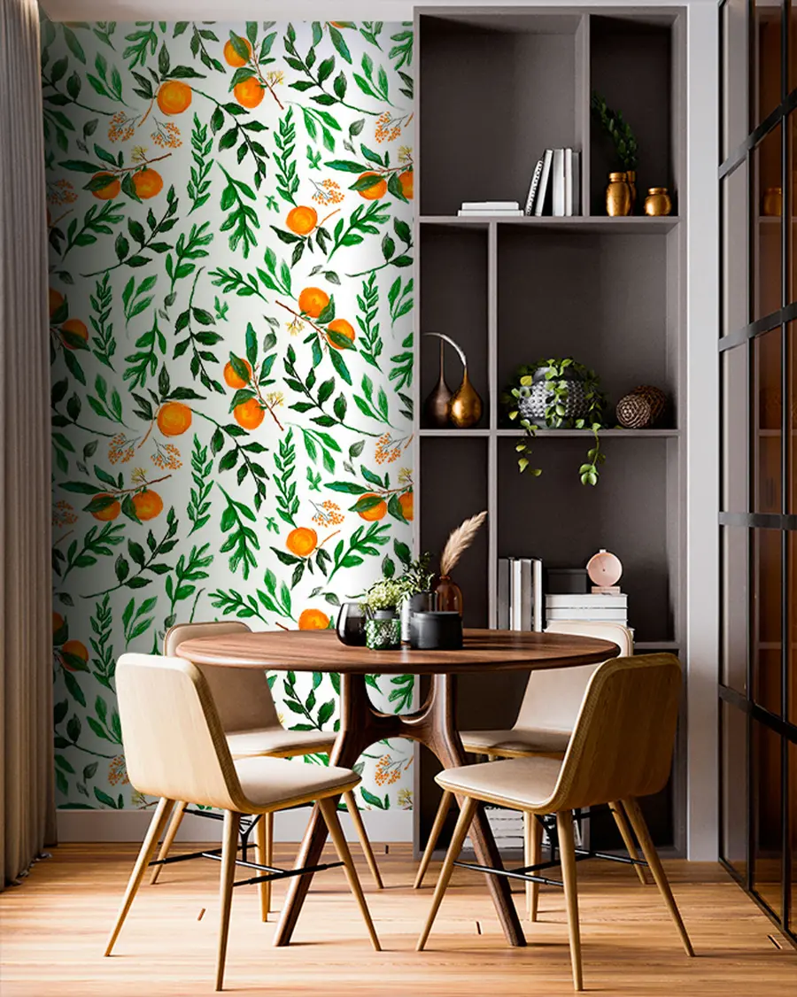 Fototapet Orange mönster, tapetdesign med löv och frukter u94333