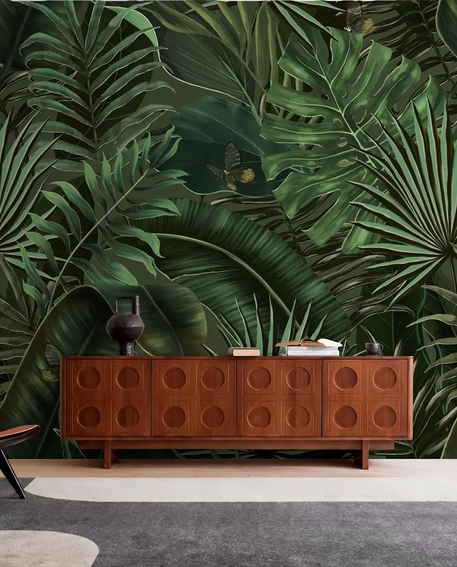 Fototapet Tropiskt mönster med tropisk grön palm, bananblad u94341