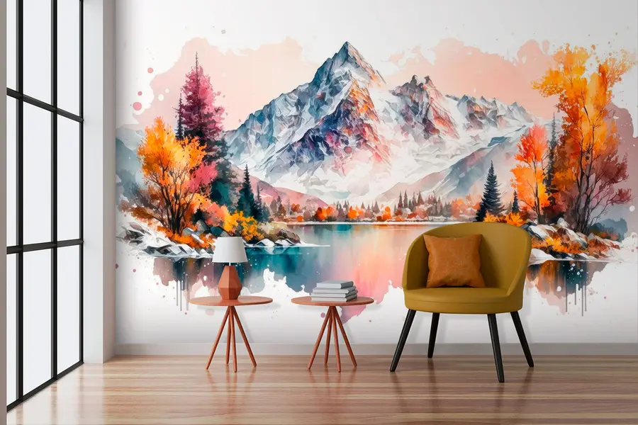 Fototapet Akvarell berg höstlandskap med snö på topparna u94782