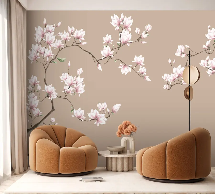 Fototapet Blommande grenar av rosa magnolia u94363