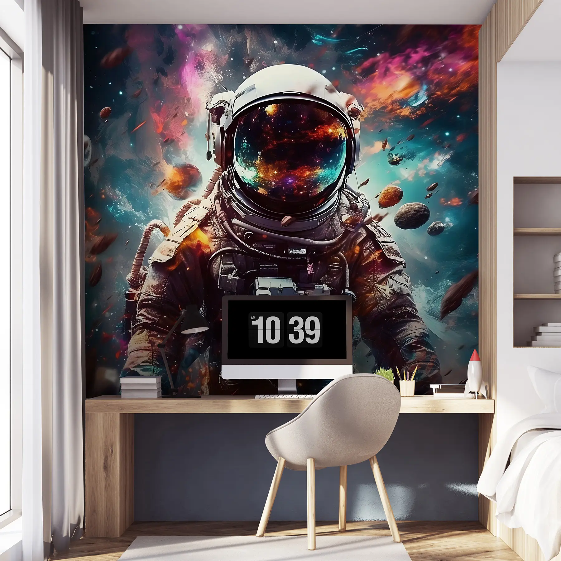 Fototapet Kosmonaut på bakgrunden av universum u95147