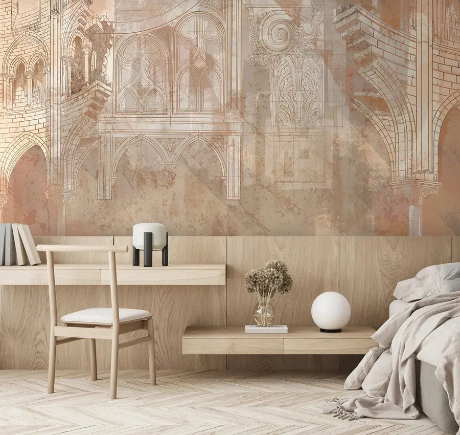 Fototapet Arkitektonisk konstritning av kolonner och monogram u95126