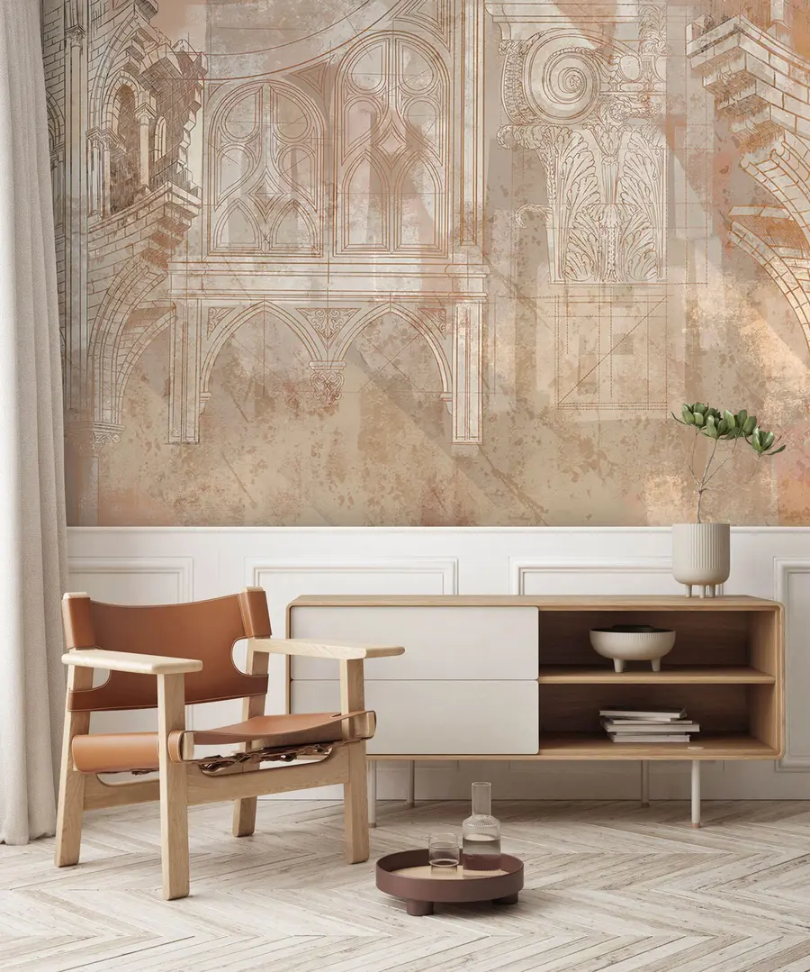 Fototapet Arkitektonisk konstritning av kolonner och monogram u95126