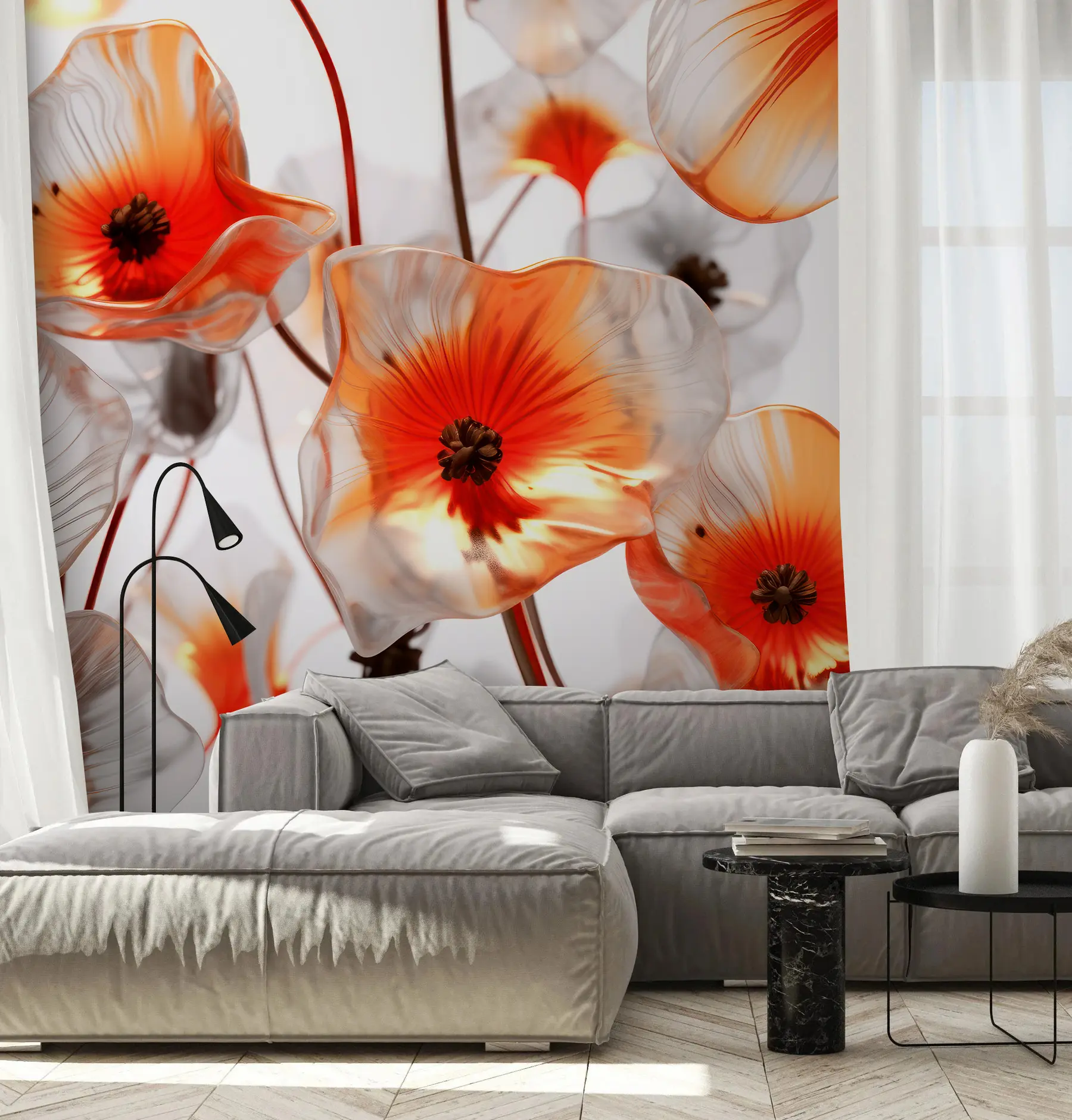 Fototapet Glas röda 3D-blommor u95590