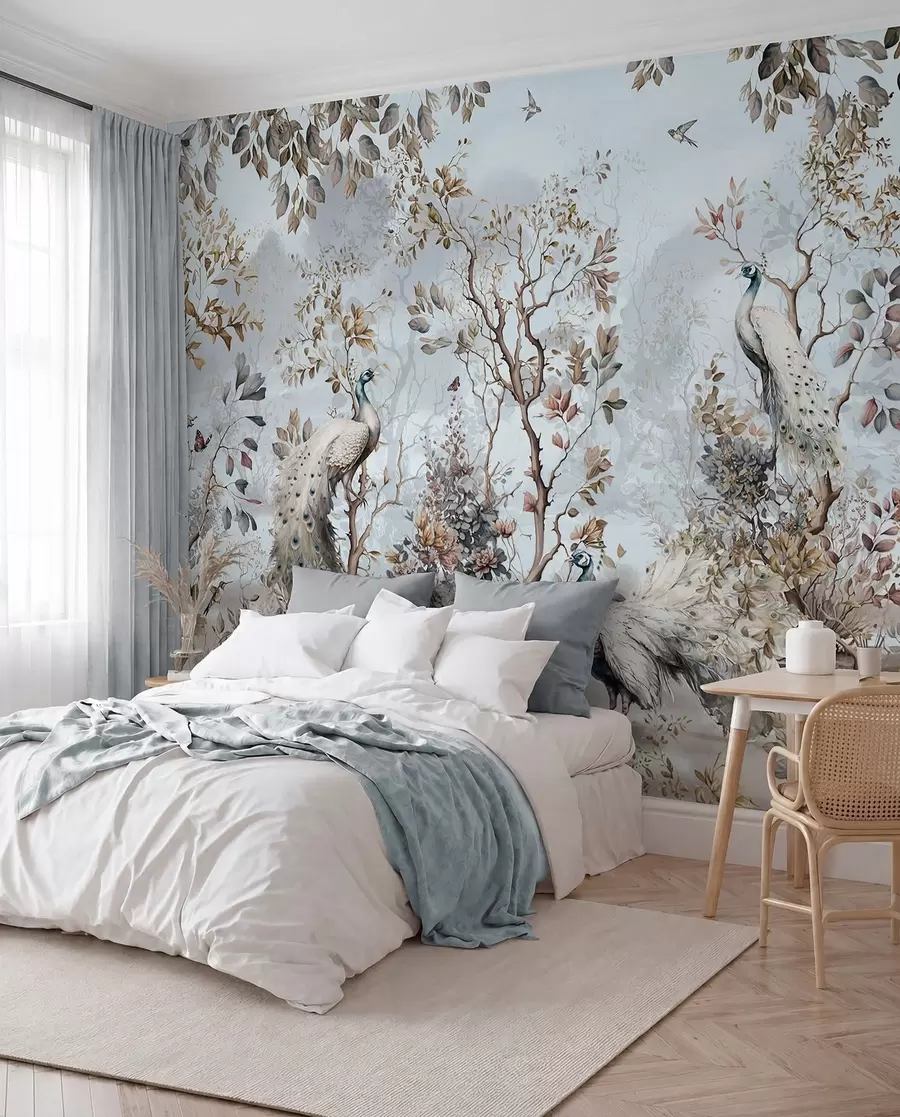 Fototapet Chinoiserie kinesisk stil växter och påfåglar u94849