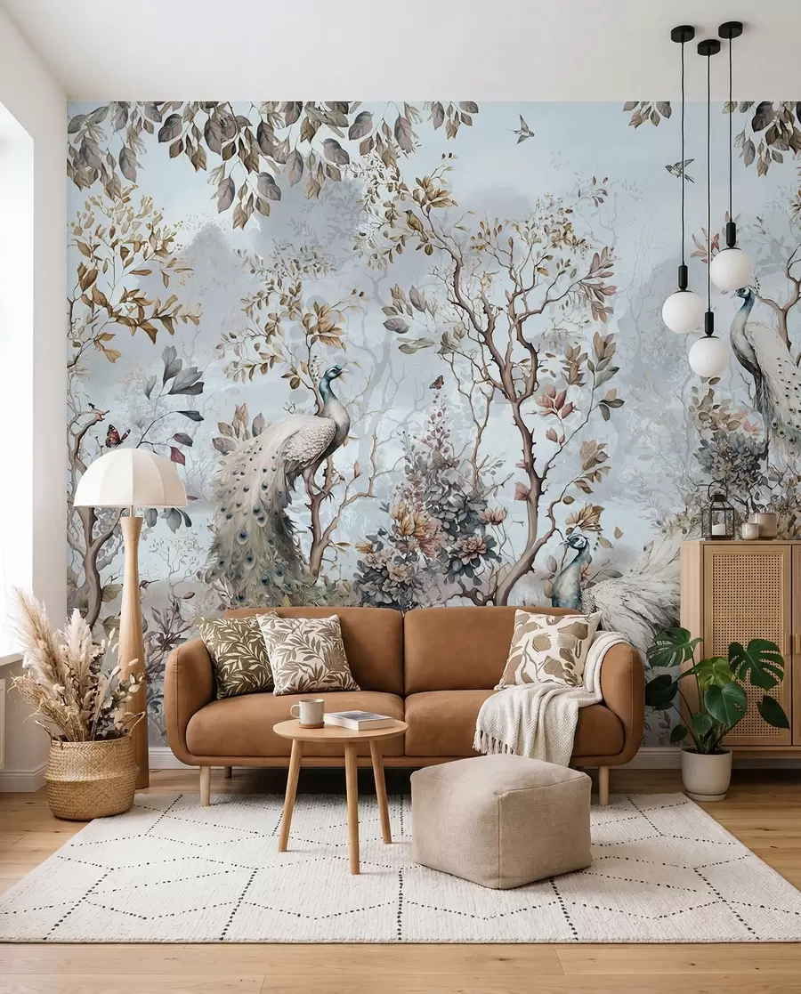 Fototapet Chinoiserie kinesisk stil växter och påfåglar u94849