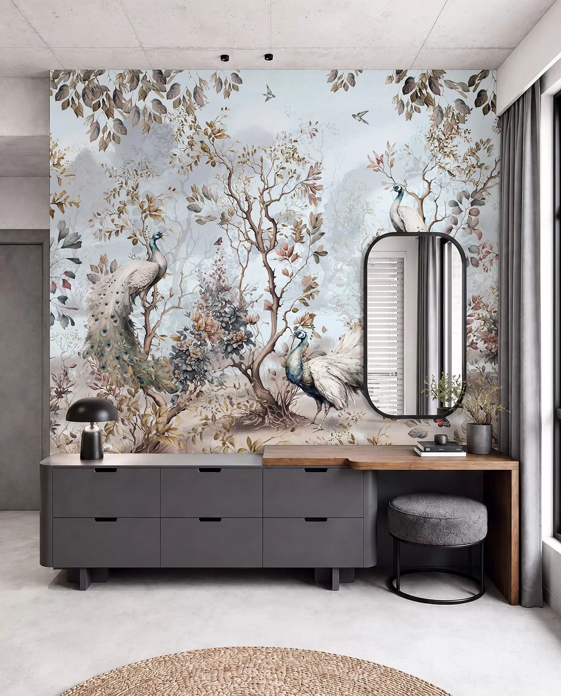 Fototapet Chinoiserie kinesisk stil växter och påfåglar u94849