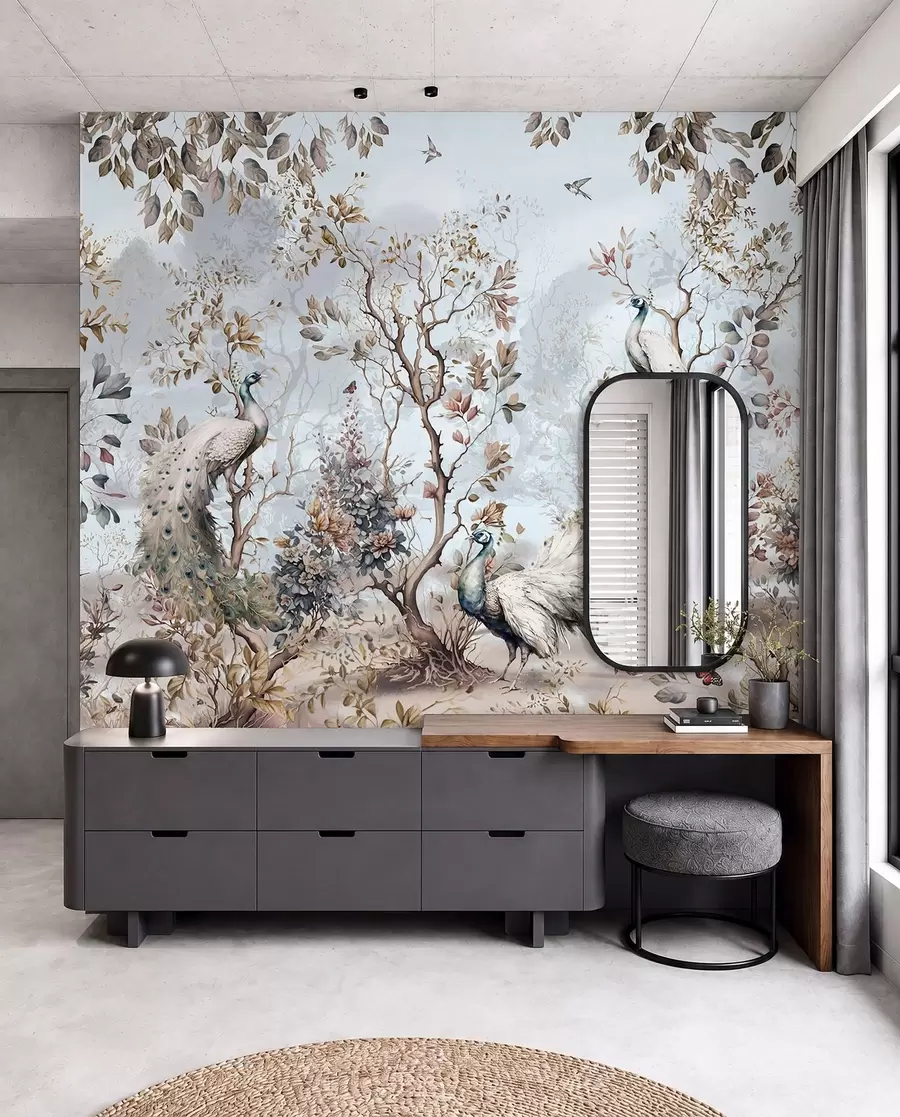 Fototapet Chinoiserie kinesisk stil växter och påfåglar u94849