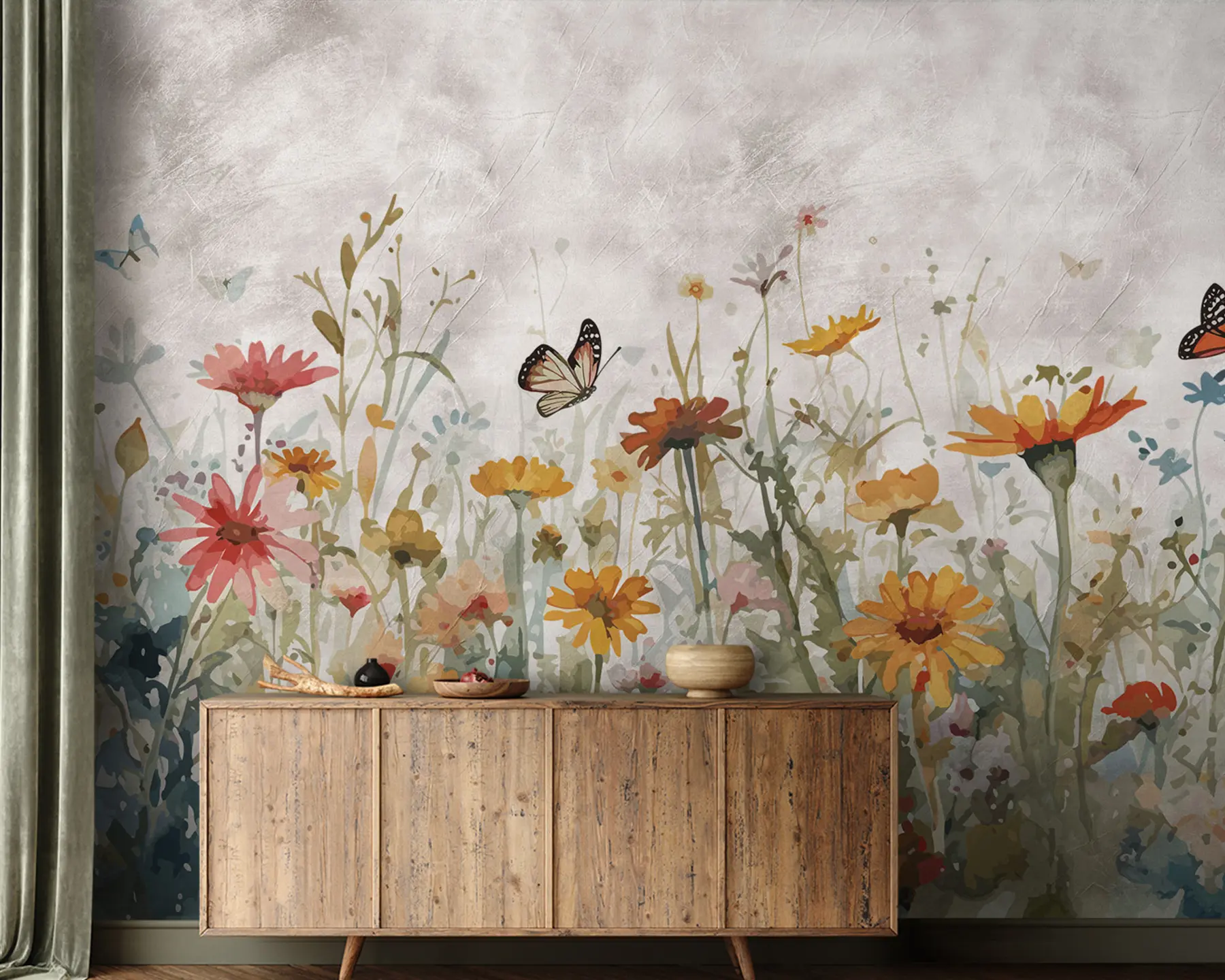 Fototapet Akvarell vilda blommor och fjärilar u95406