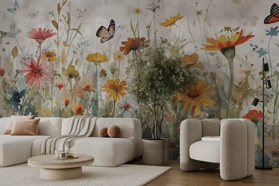Fototapet Akvarell vilda blommor och fjärilar u95406