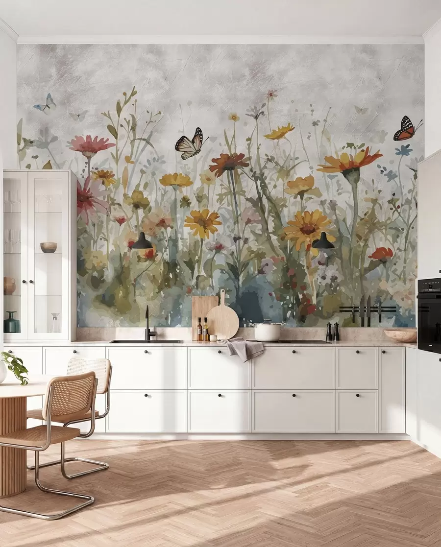 Fototapet Akvarell vilda blommor och fjärilar u95406