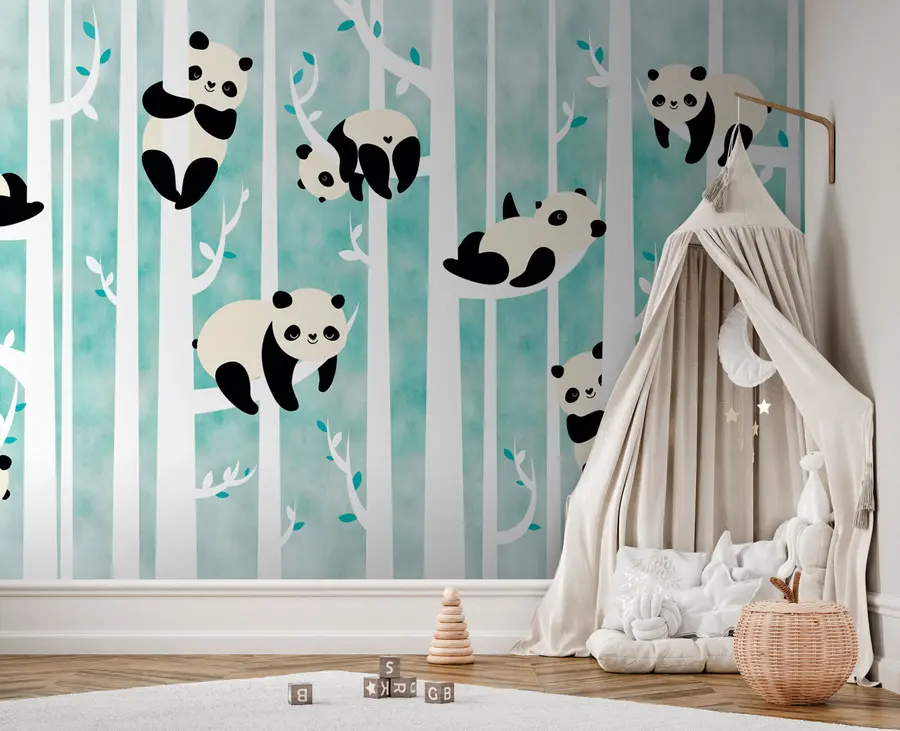 Fototapet Glada kinesiska sagopandas på träd för barnrummet u95025
