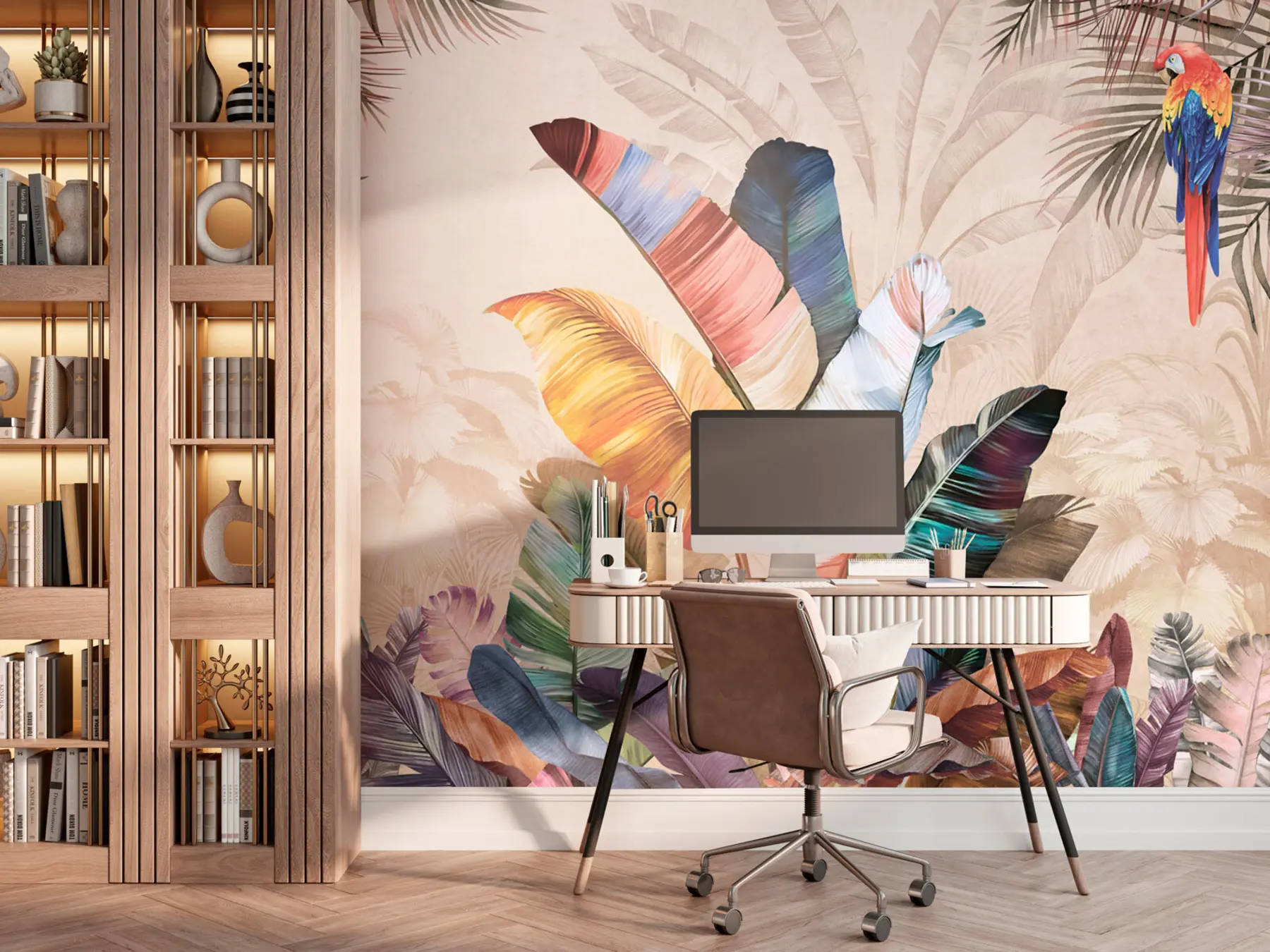 Fototapet Färgglada palmblad med tropisk papegojafågel u95050