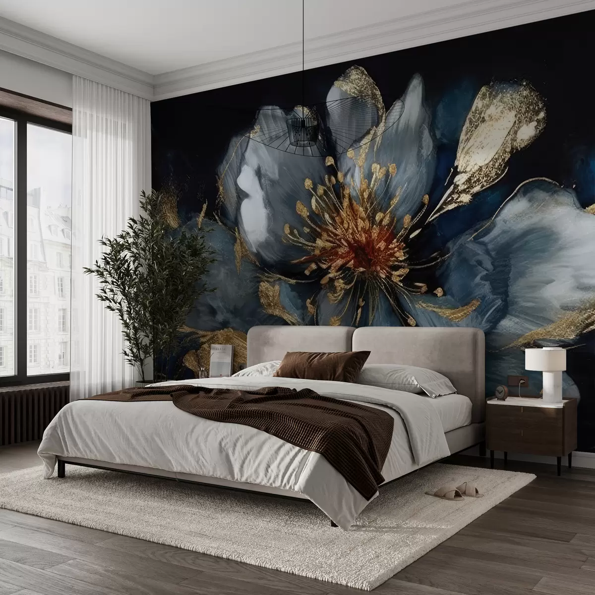 Fototapet Stor blå blomma med ådror u95657