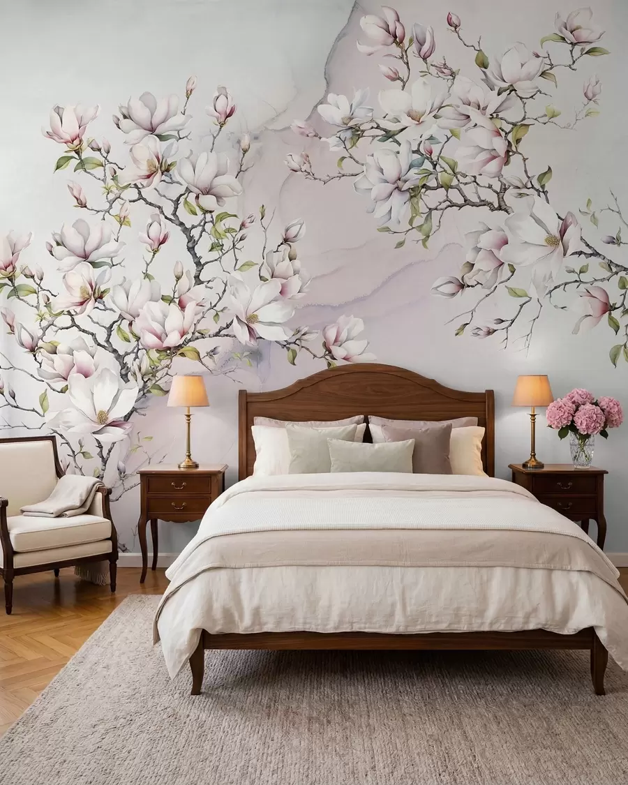 Fototapet Blommande magnoliaträd på en marmorbakgrund u96114