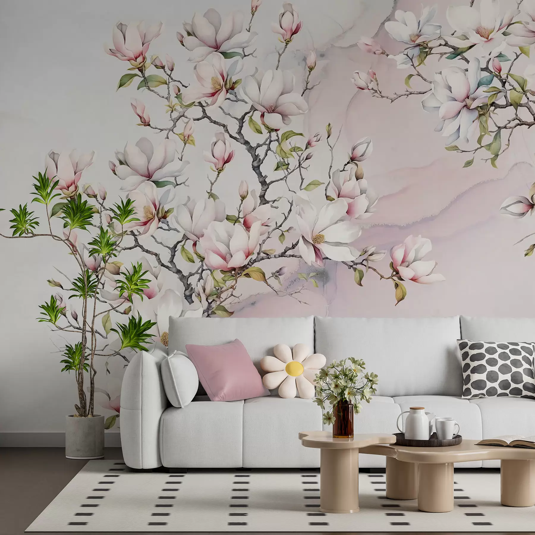 Fototapet Blommande magnoliaträd på en marmorbakgrund u96114