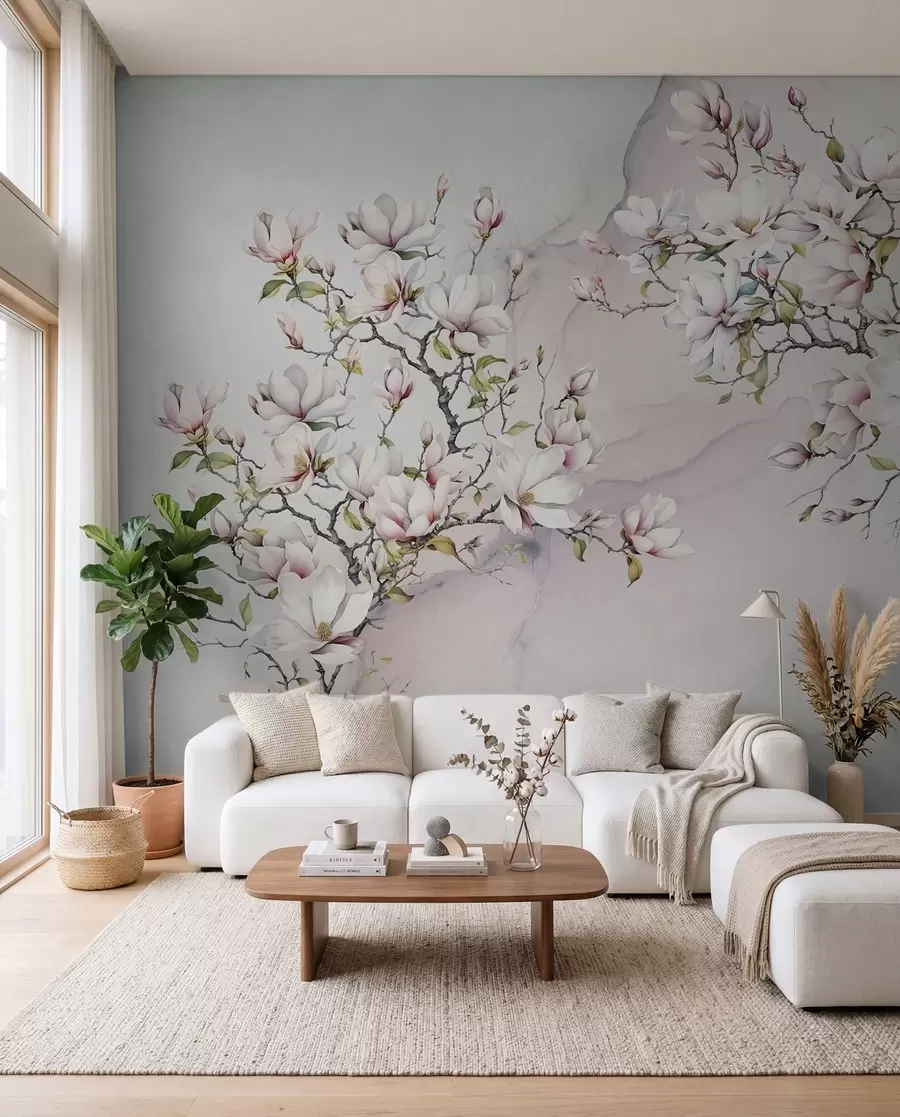 Fototapet Blommande magnoliaträd på en marmorbakgrund u96114