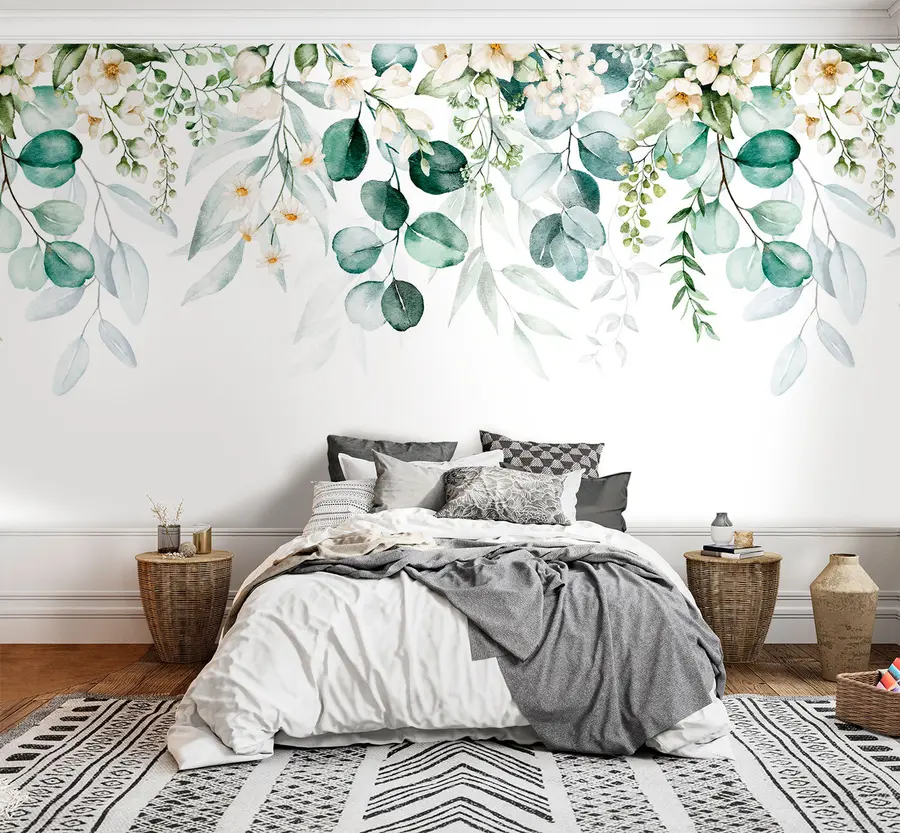 Fototapet Illustration med gröna blad, vita blommor, pion och grenar u96063
