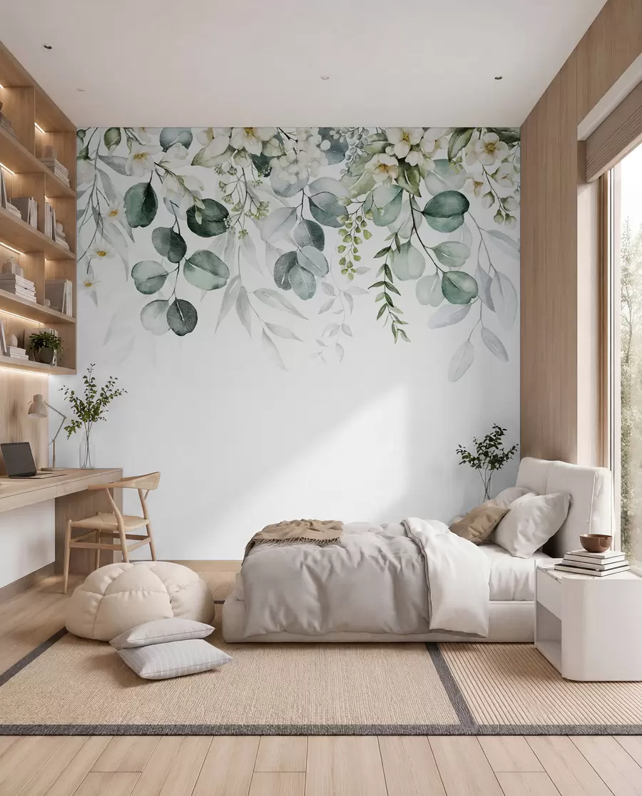 Fototapet Illustration med gröna blad, vita blommor, pion och grenar u96063