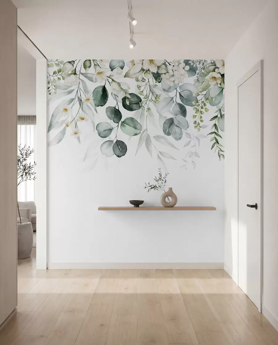 Fototapet Illustration med gröna blad, vita blommor, pion och grenar u96063