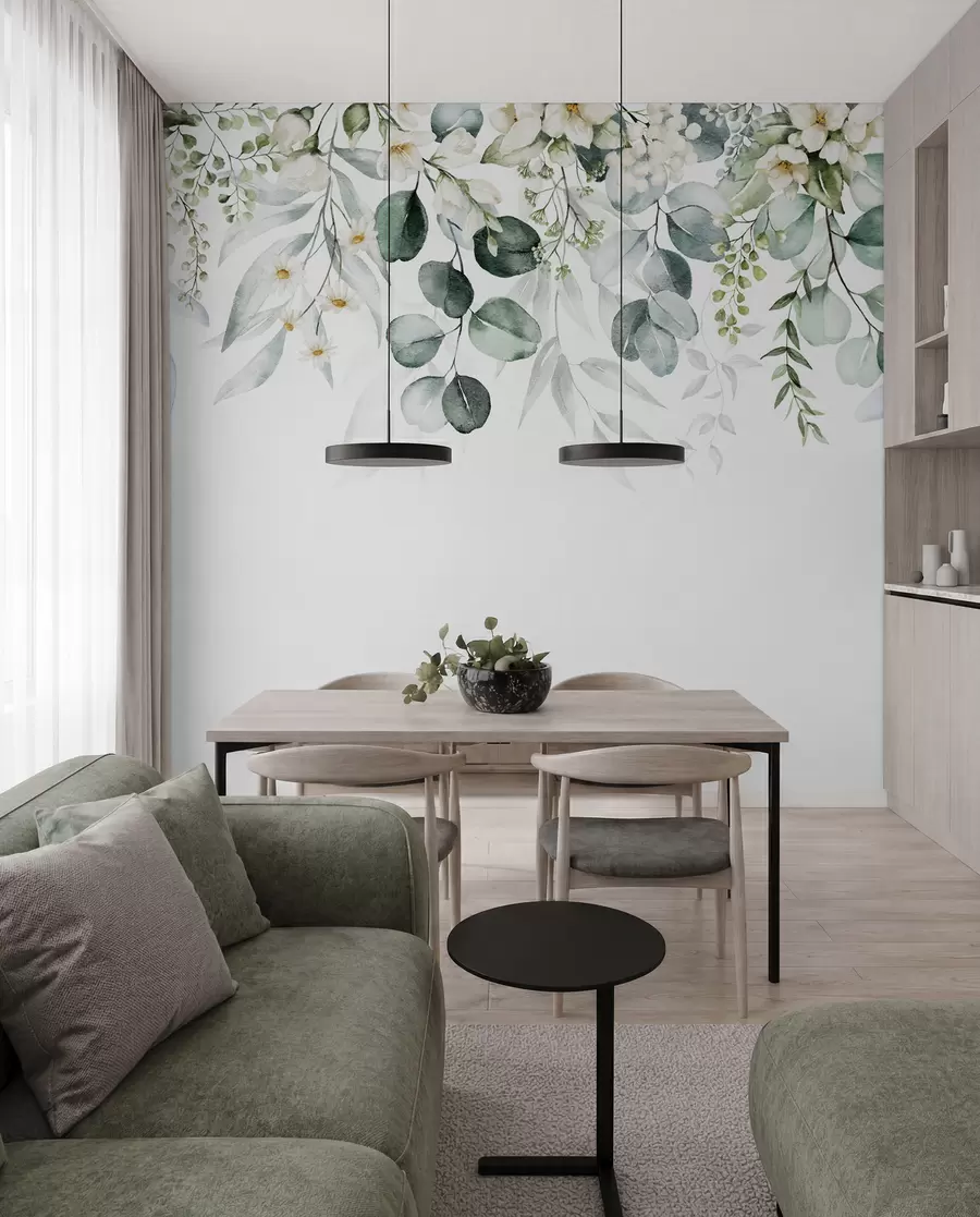 Fototapet Illustration med gröna blad, vita blommor, pion och grenar u96063