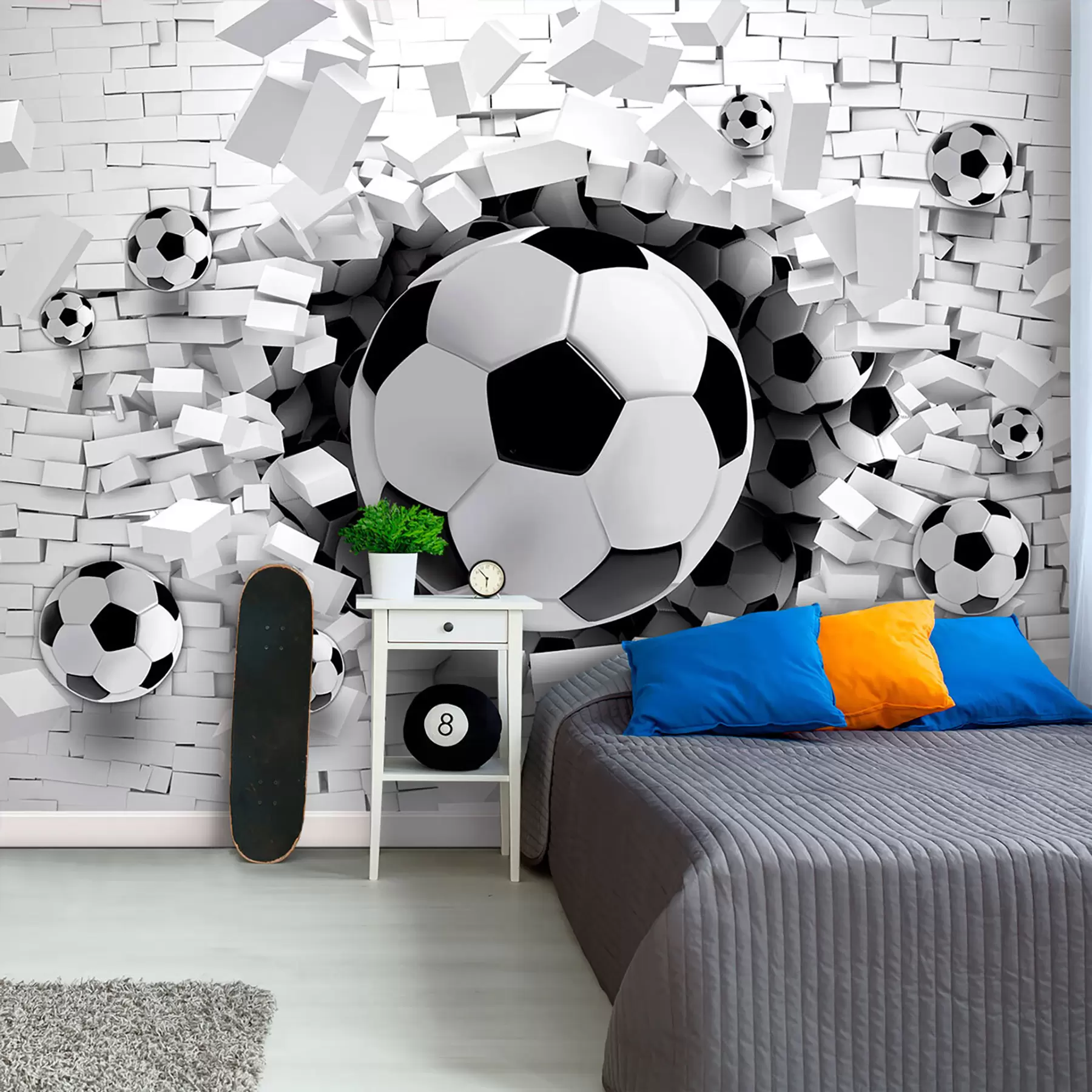 Fototapet Fotbollar som bryter igenom väggen u96315