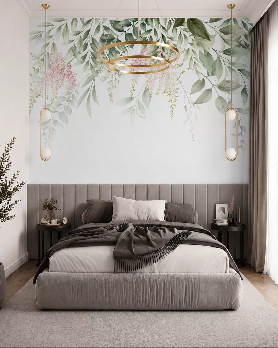 Fototapet Lövverk med rosa blommor u95923