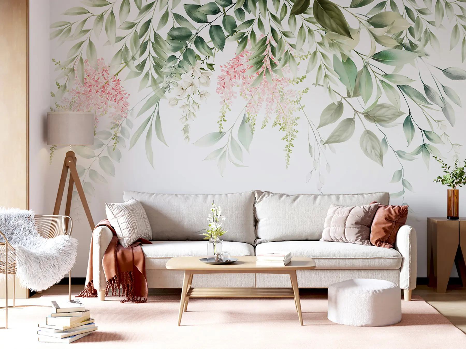 Fototapet Lövverk med rosa blommor u95923