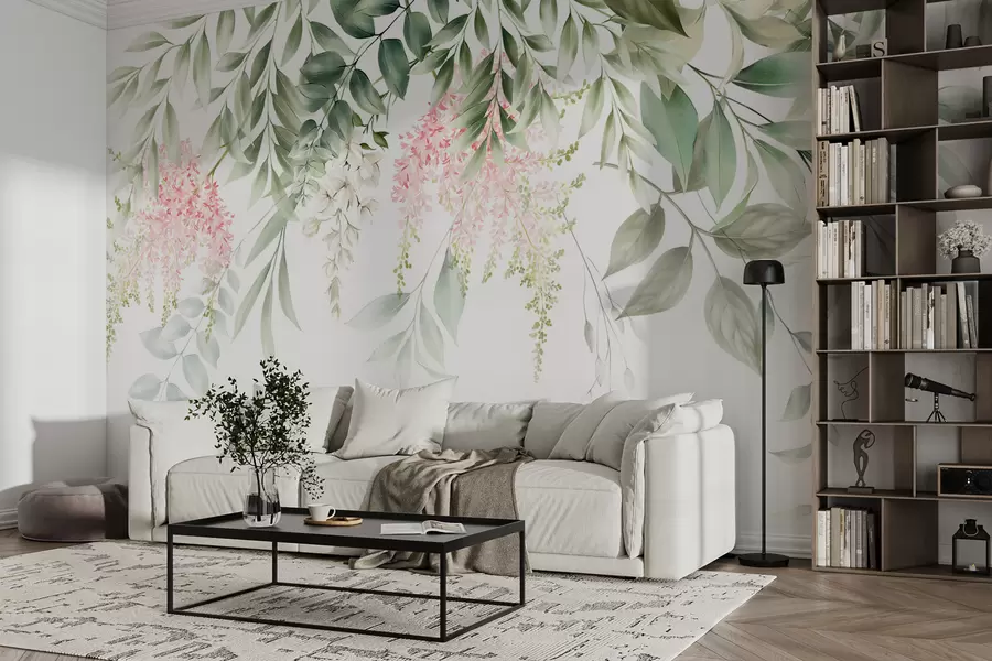 Fototapet Lövverk med rosa blommor u95923