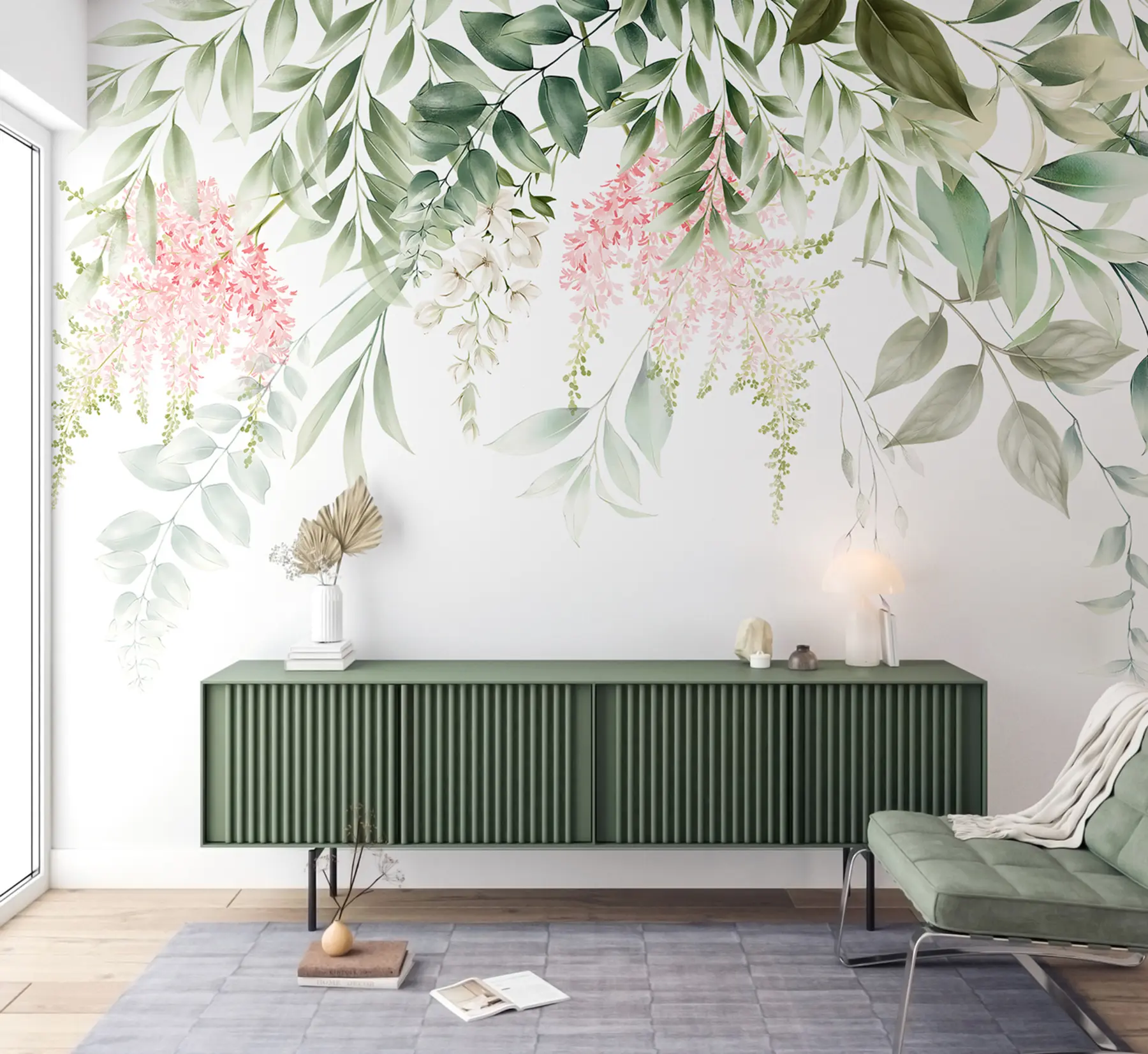 Fototapet Lövverk med rosa blommor u95923