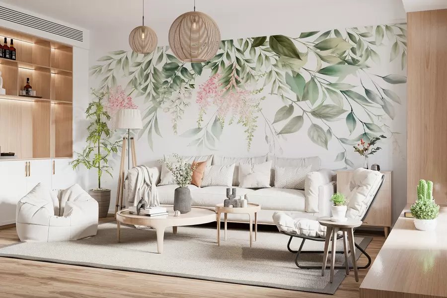 Fototapet Lövverk med rosa blommor u95923
