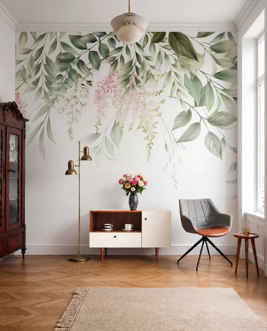 Fototapet Lövverk med rosa blommor u95923