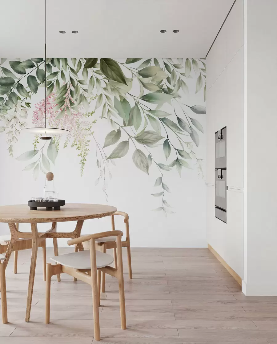 Fototapet Lövverk med rosa blommor u95923