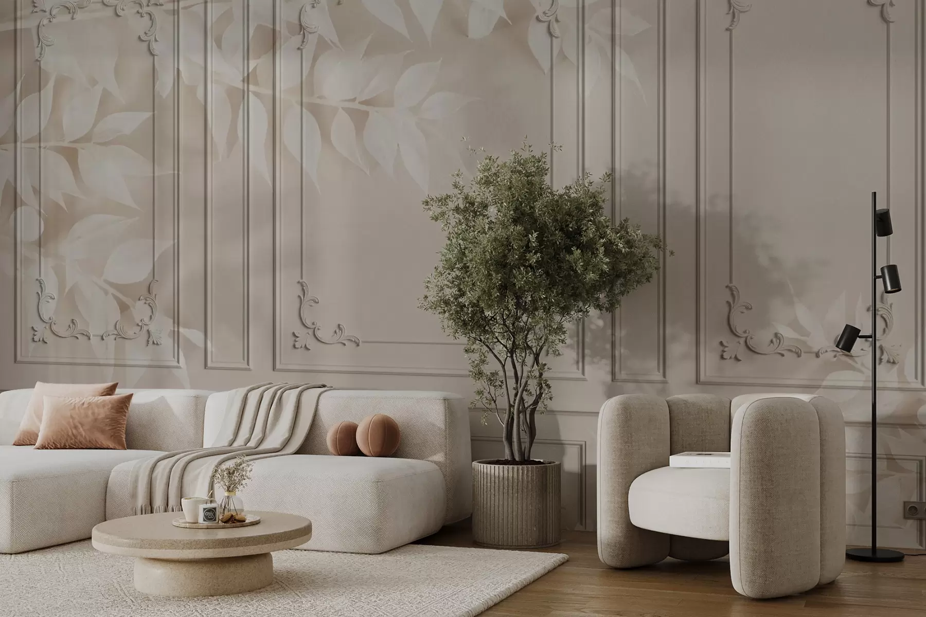 Fototapet Klassiska engelska Boiserie-paneler med löv u96165