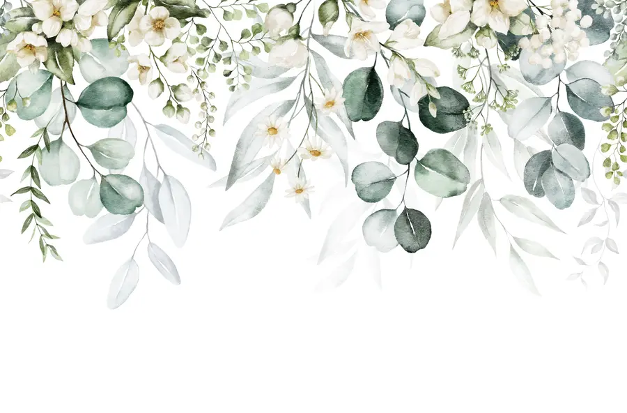 Fototapet Akvarell gröna blad med blommor u96336