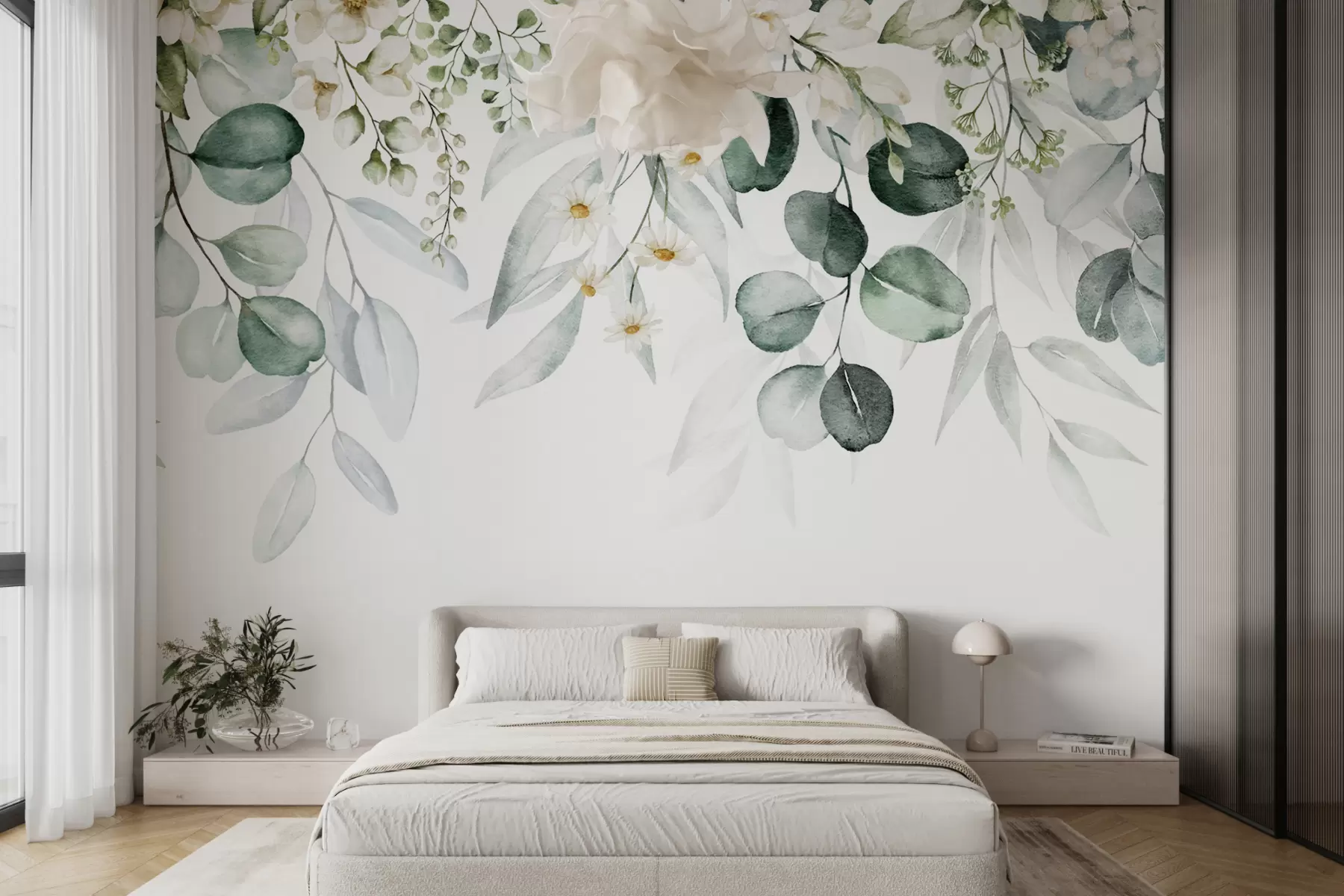 Fototapet Akvarell gröna blad med blommor u96336