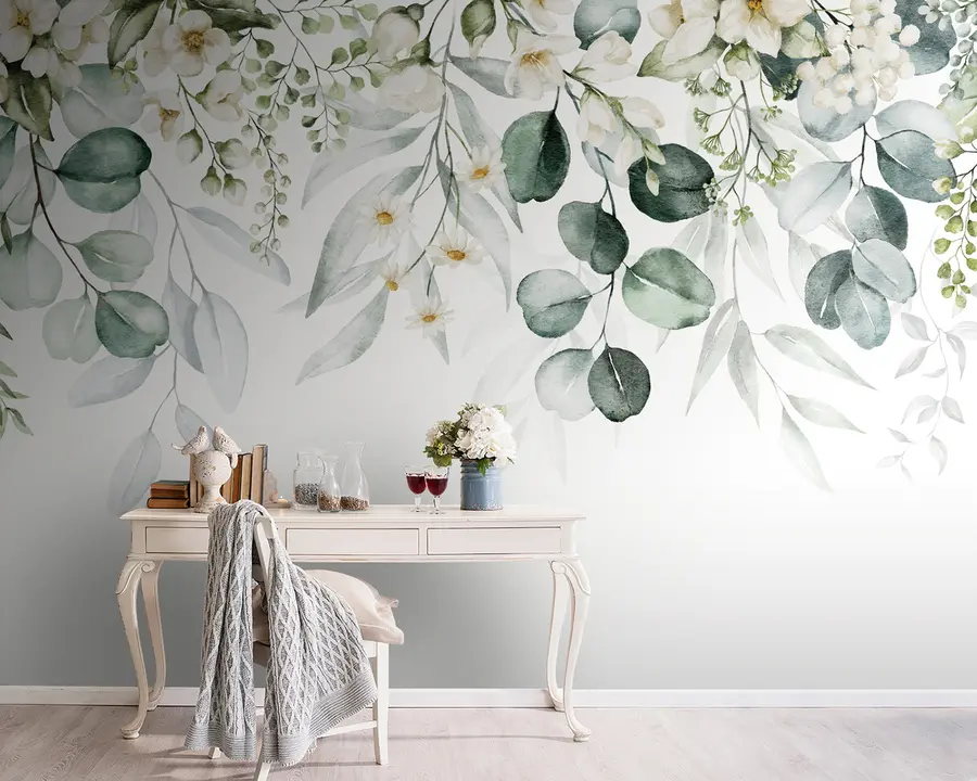 Fototapet Akvarell gröna blad med blommor u96336