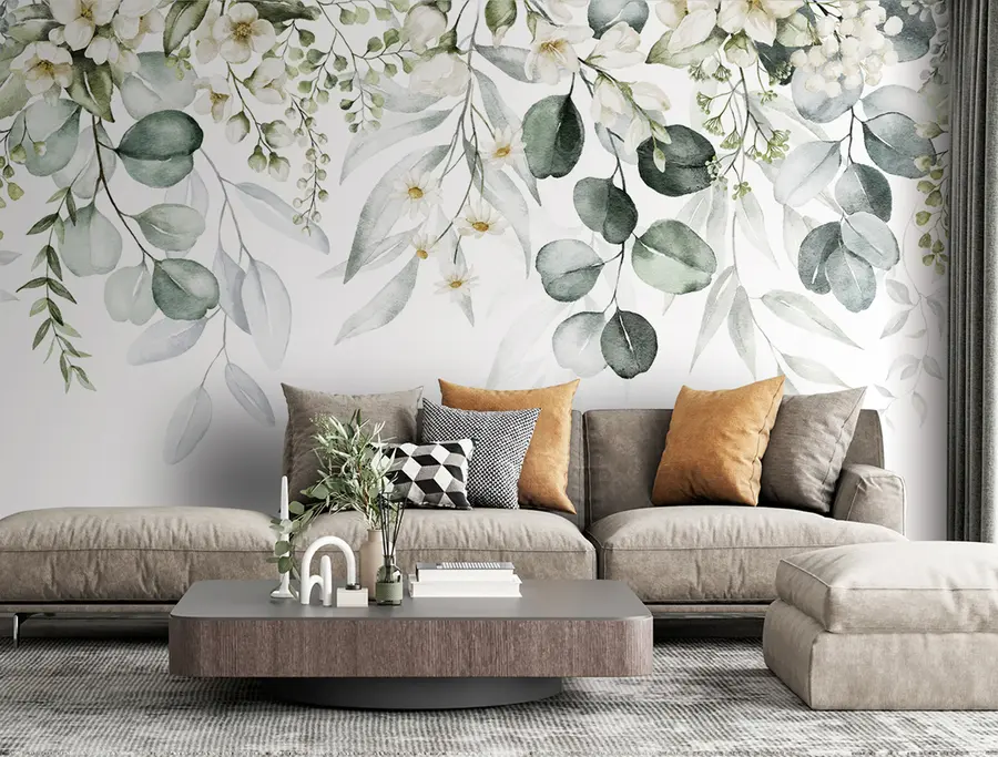 Fototapet Akvarell gröna blad med blommor u96336