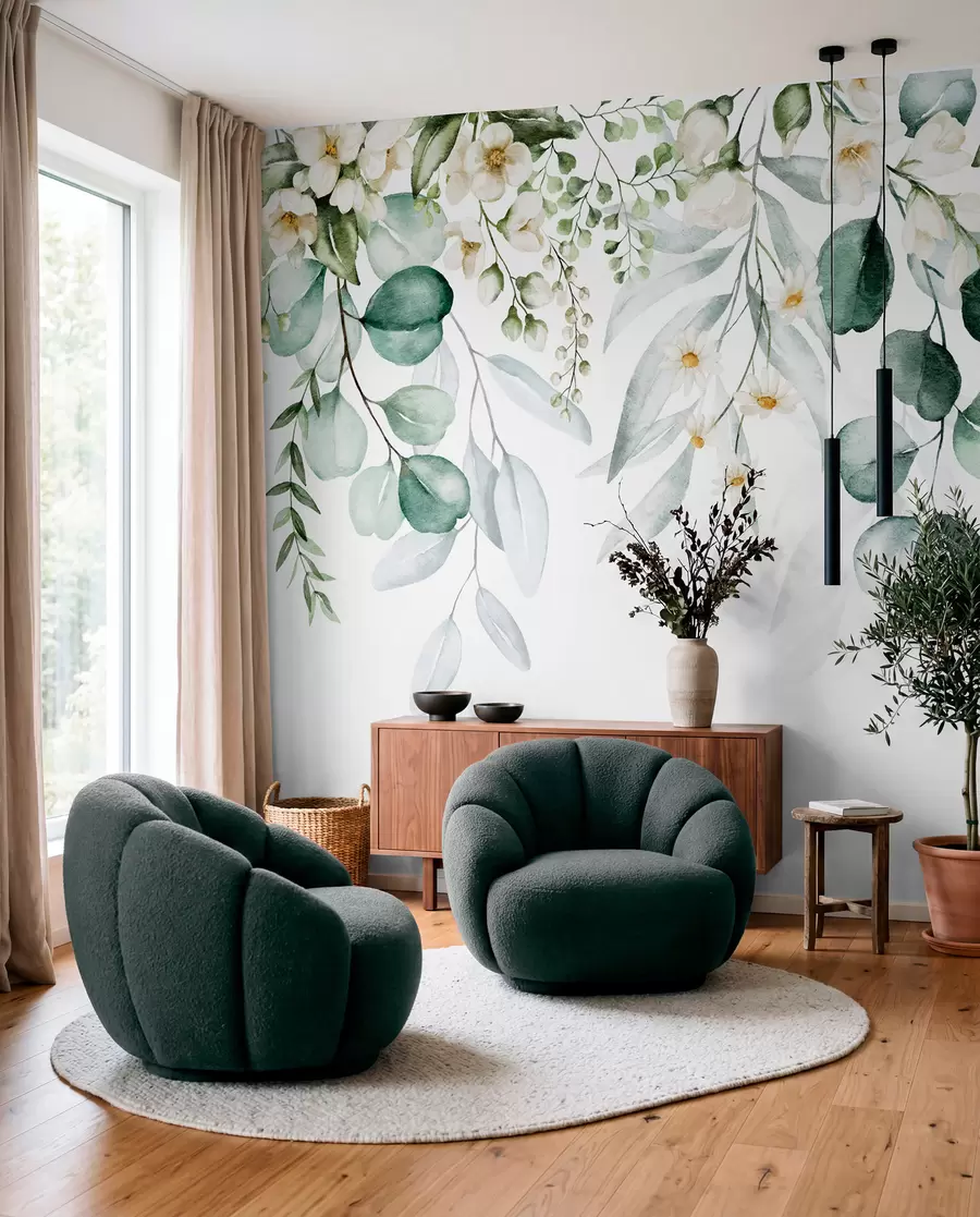 Fototapet Akvarell gröna blad med blommor u96336