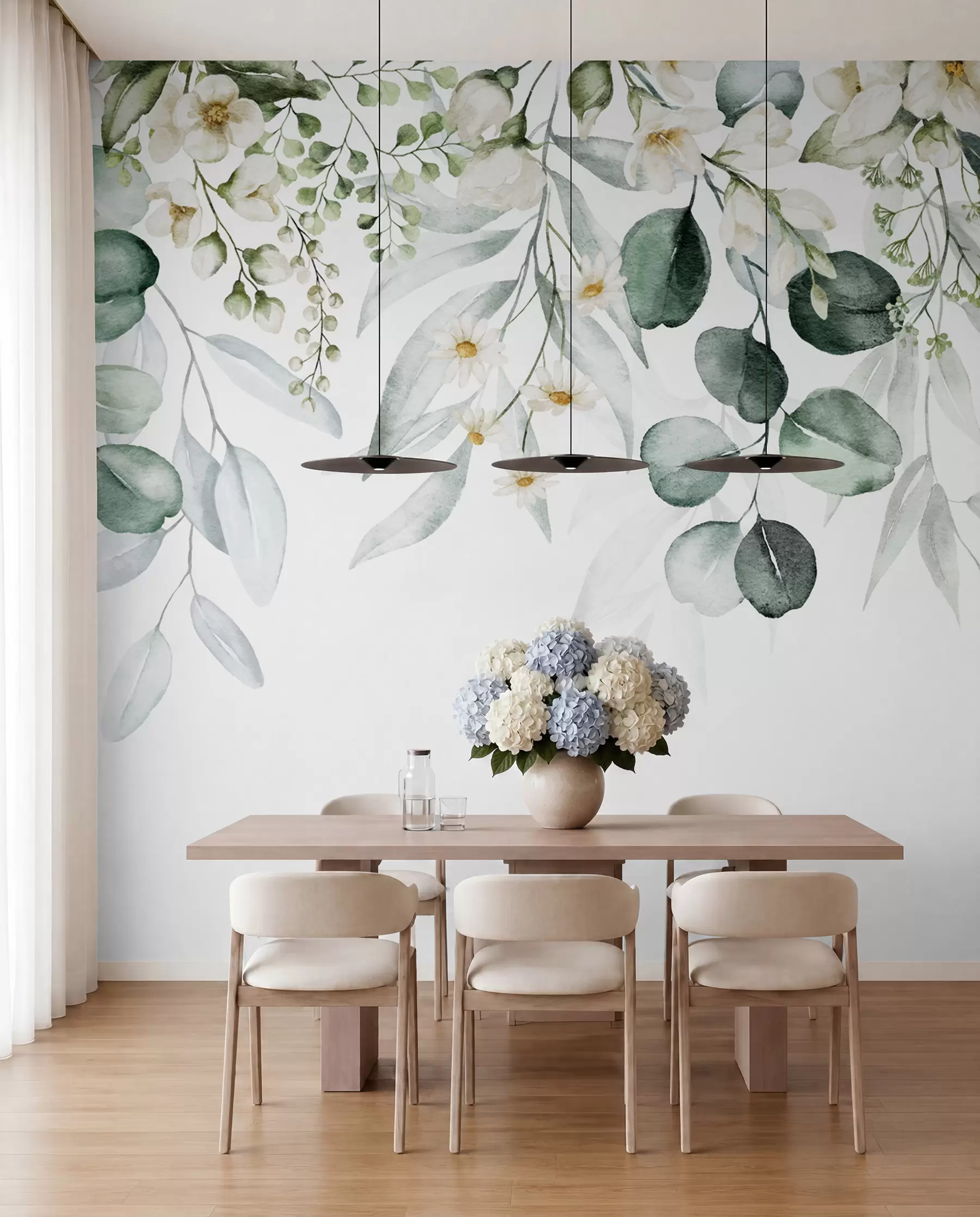 Fototapet Akvarell gröna blad med blommor u96336