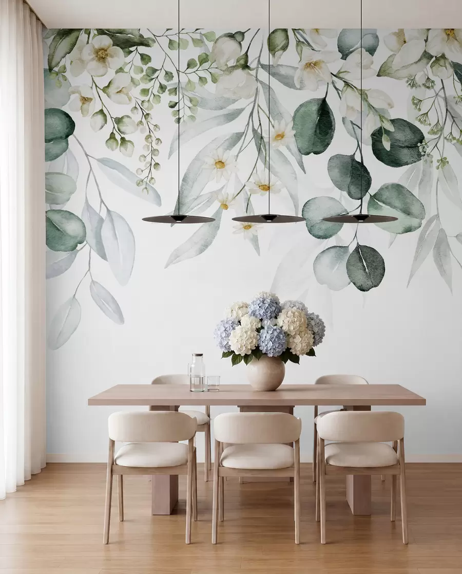 Fototapet Akvarell gröna blad med blommor u96336