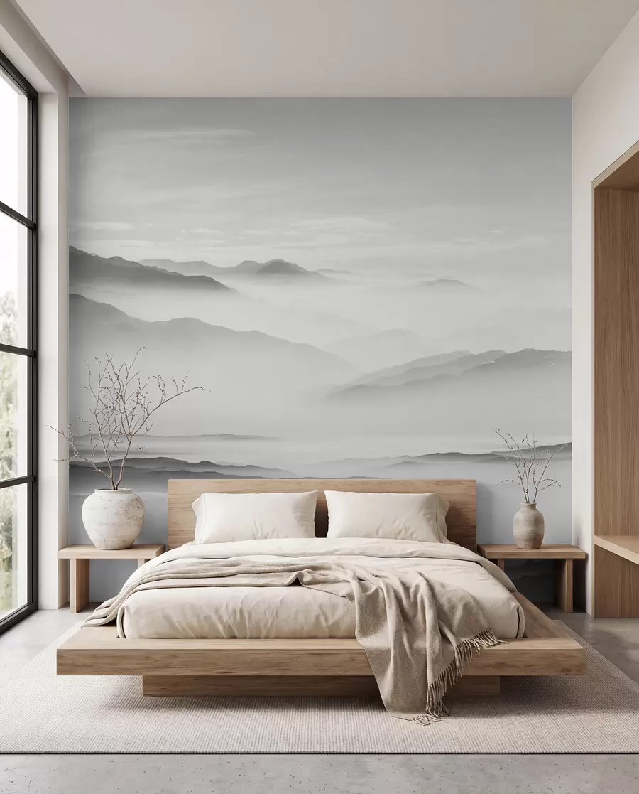 Fototapet Vy över de grå bergen i dimman minimalism monokrom u96922