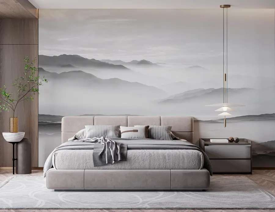 Fototapet Vy över de grå bergen i dimman minimalism monokrom u96922