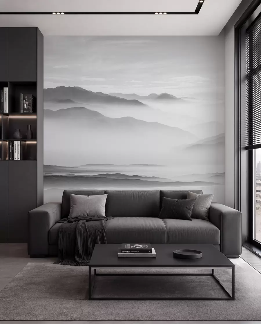 Fototapet Vy över de grå bergen i dimman minimalism monokrom u96922