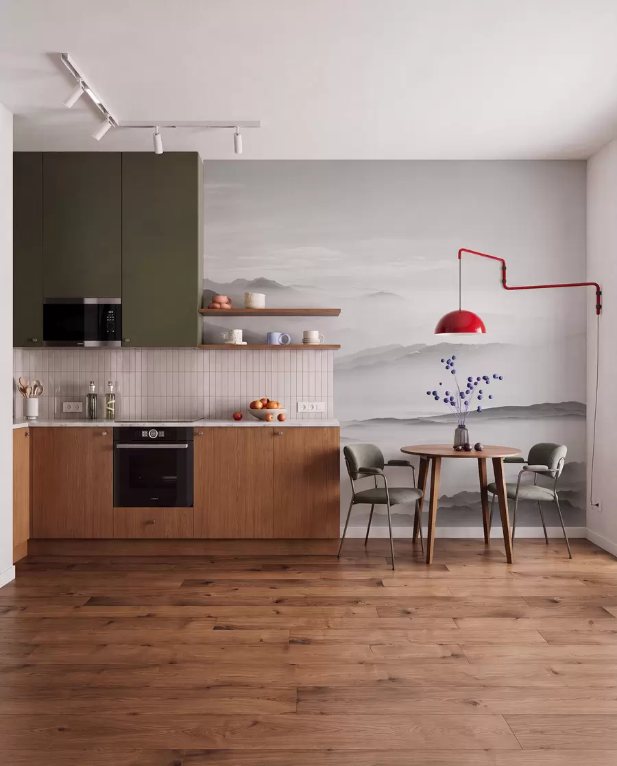 Fototapet Vy över de grå bergen i dimman minimalism monokrom u96922